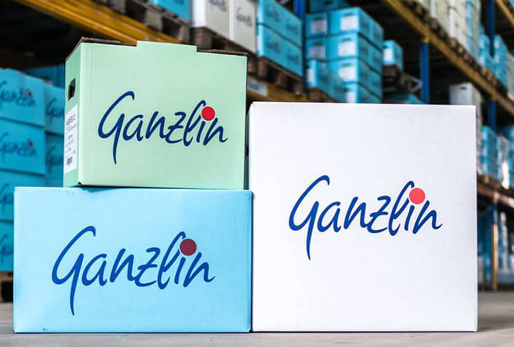 Pulverlack-Kartons mit Ganzlin-Logo in einem Lagerregal gestapelt