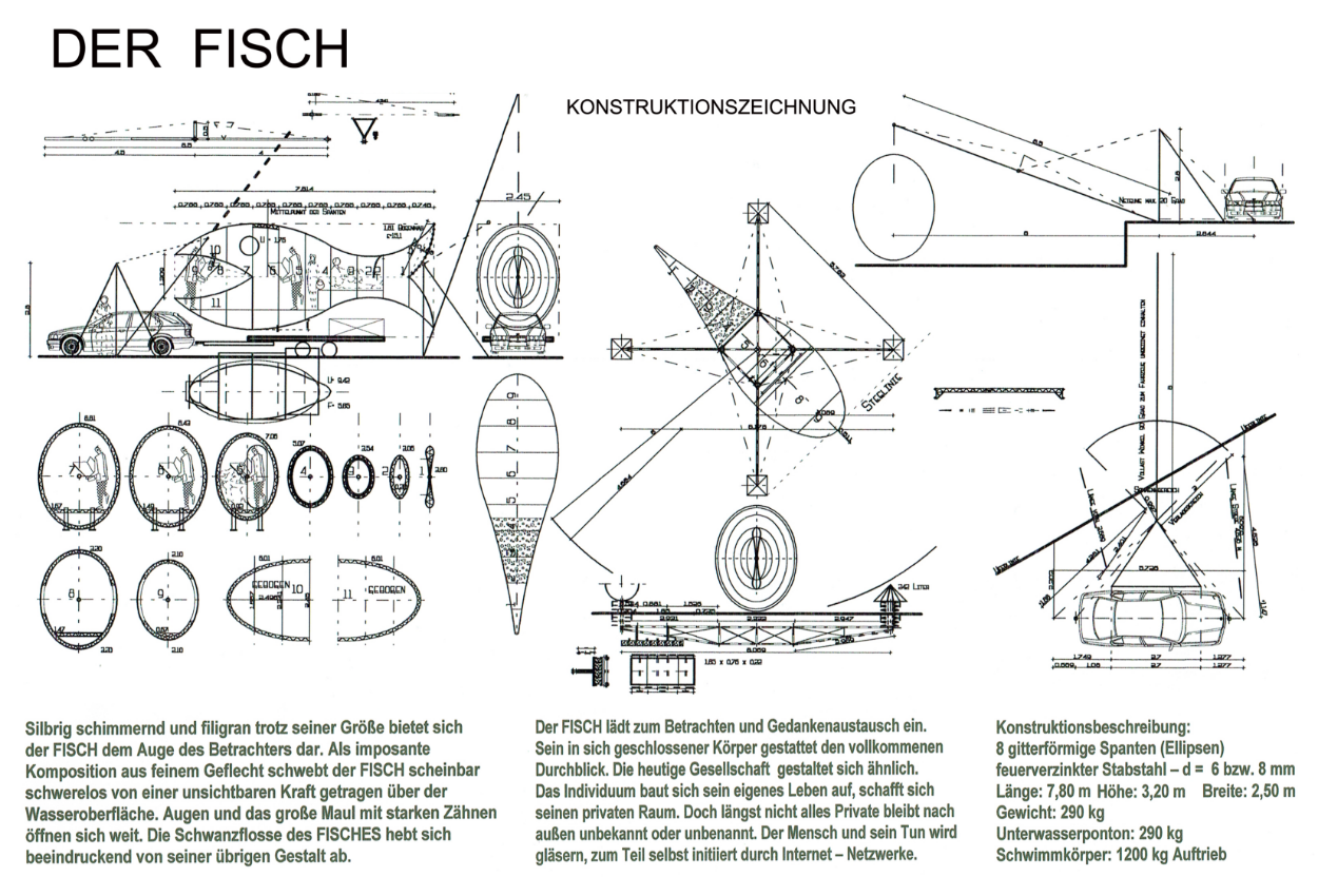 Konstruktionszeichnung der Skulptur 'Fisch' von Gisela Mewes mit technischen Angaben und Erläuterungen